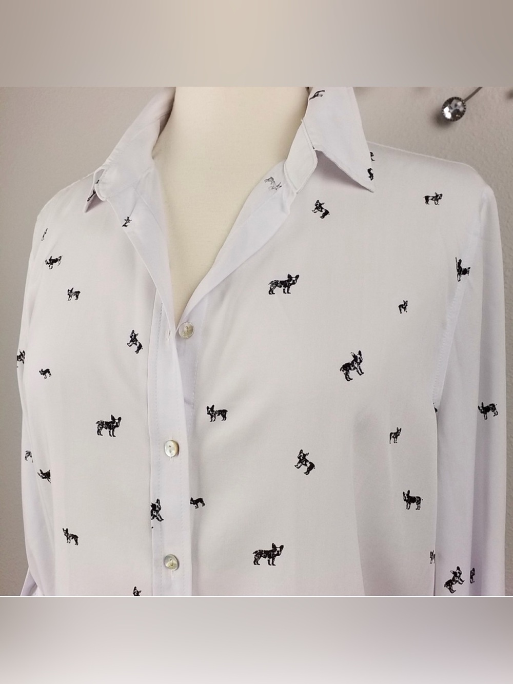 JANE & DELANCEY FRENCH BULLDOG frenchie white BLOUSE shirt top M